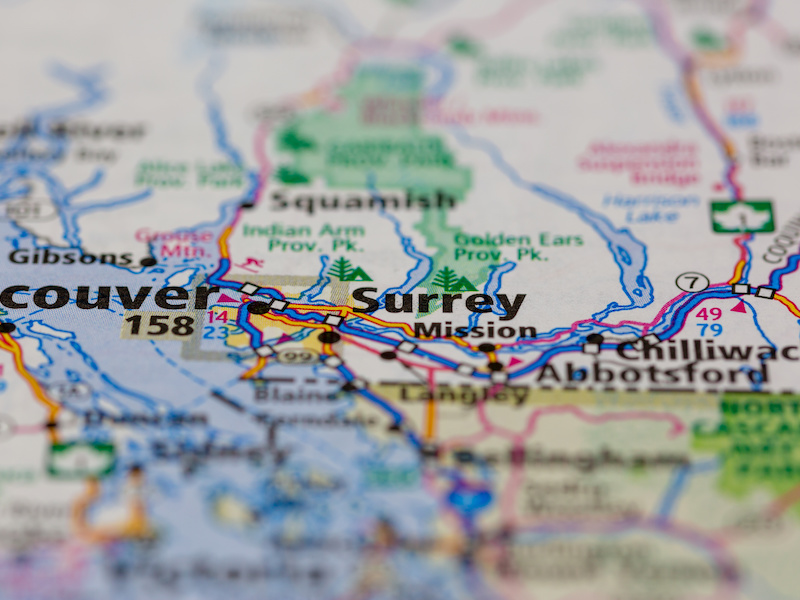 Surrey on the map of British Columbia
